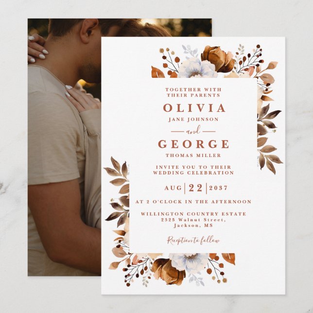 Rustic Fall Terracotta Modern Floral Photo Wedding Invitation (Front/Back)