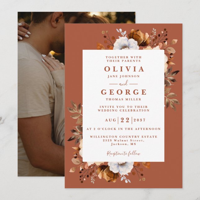 Rustic Fall Terracotta Modern Floral Photo Wedding Invitation (Front/Back)