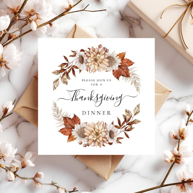 Rustic Fall Thanksgiving Dinner Square Invitation (Rustic Fall Floral Thanksgiving Dinner Square Invitation)