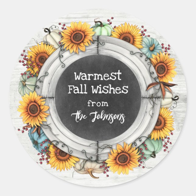 Rustic Fall Thanksgiving Sunflower Pumpkins Gift Classic Round Sticker (Front)