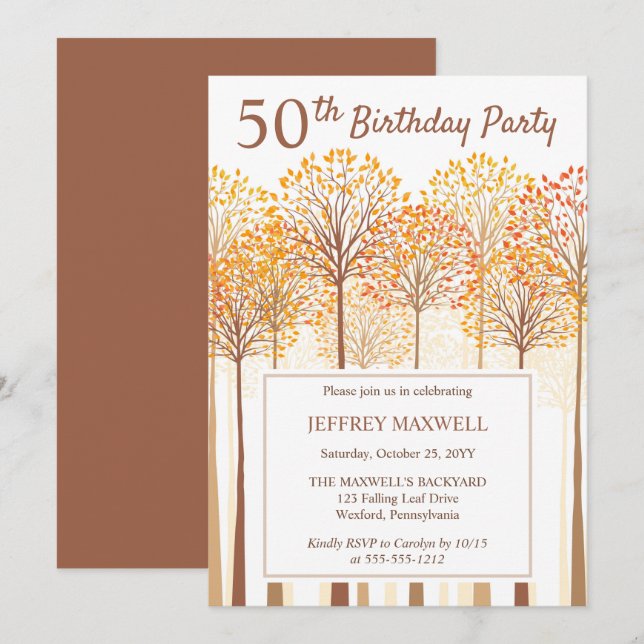 Rustic Fall Trees Terracotta 50th Birthday Party Invitation (Front/Back)