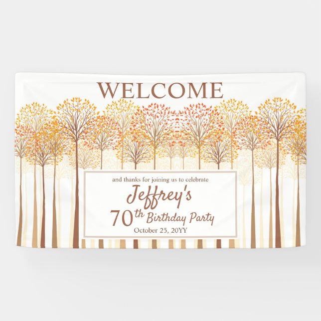 Rustic Fall Trees Terracotta 70th Birthday Party Banner (Horizontal)