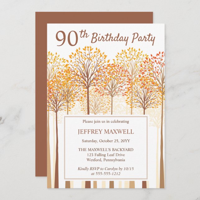 Rustic Fall Trees Terracotta 90th Birthday Party Invitation (Front/Back)
