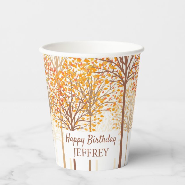 Rustic Fall Trees Terracotta Birthday Party Paper Cups (Front)