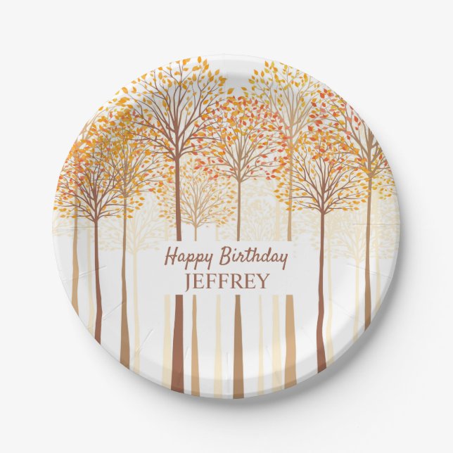 Rustic Fall Trees Terracotta Birthday Party Paper Plate (Front)