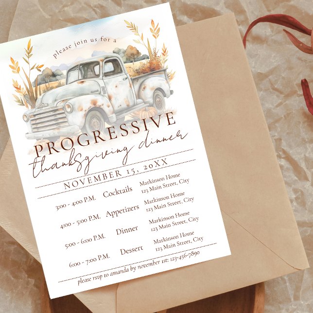 Rustic Fall Truck Progressive Thanksgiving Dinner Invitation (Creator Uploaded)