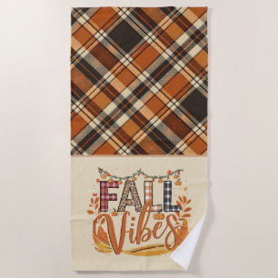 Rustic Fall Vibes Burnt Orange Plaid Print Autumn Beach Towel