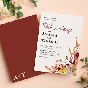 Rustic Fall Warm Watercolor Floral Bouquet Wedding Invitation