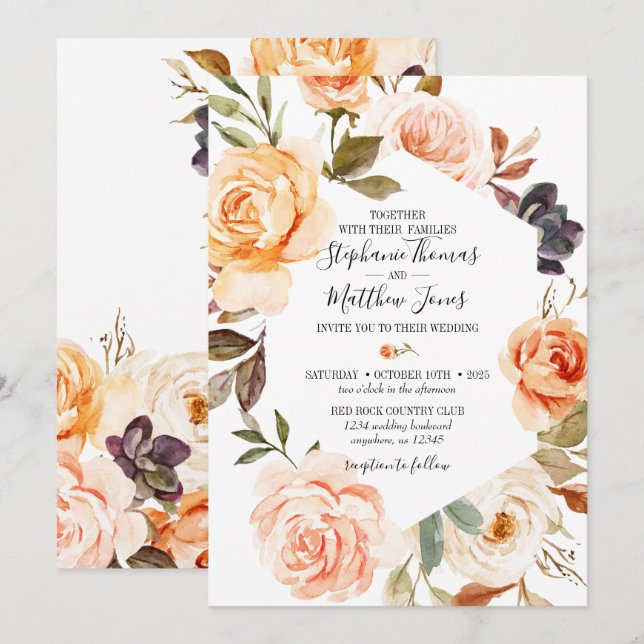Rustic Fall Watercolor Floral Wedding Invitation (Front/Back)