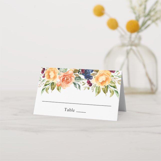 Rustic Fall Watercolor Floral Wedding Place Card (Front)