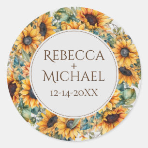 Rustic Fall Watercolor Sunflower Wedding Classic Round Sticker