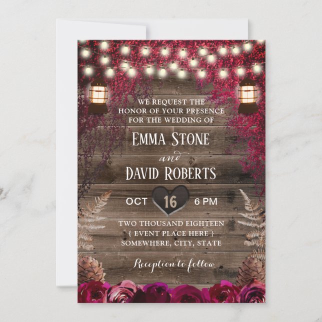 Rustic Fall Wedding Lantern Burgundy Red Flowers Invitation (Front)