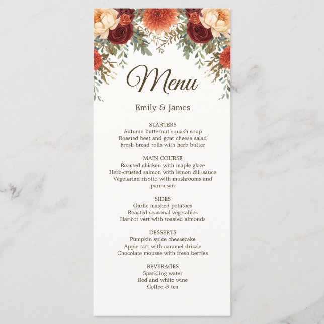 Rustic Fall Wedding Menu Card | Burgundy Roses  (Front)