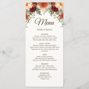 Rustic Fall Wedding Menu Card   Burgundy Roses 