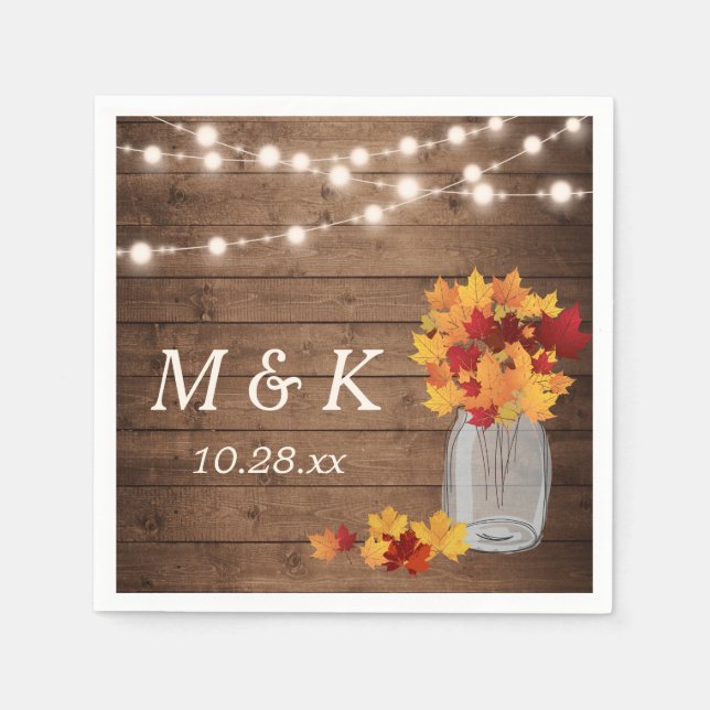 Rustic Fall Wedding Monogram String Lights Wood Napkin (Front)