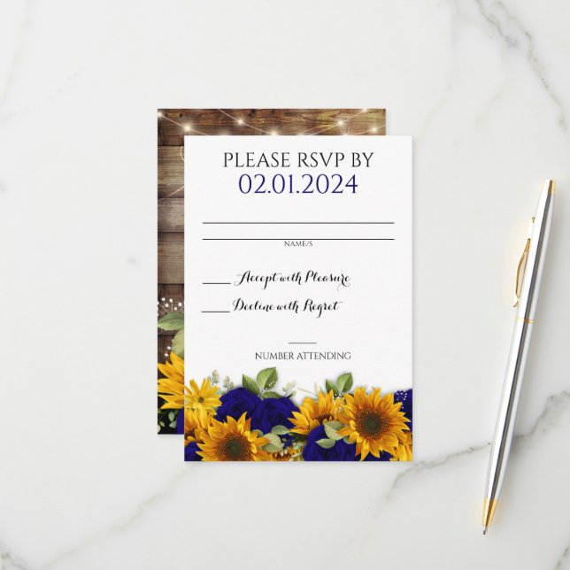 Rustic Fall Wedding Navy Roses RSVP Card (Front/Back In Situ)