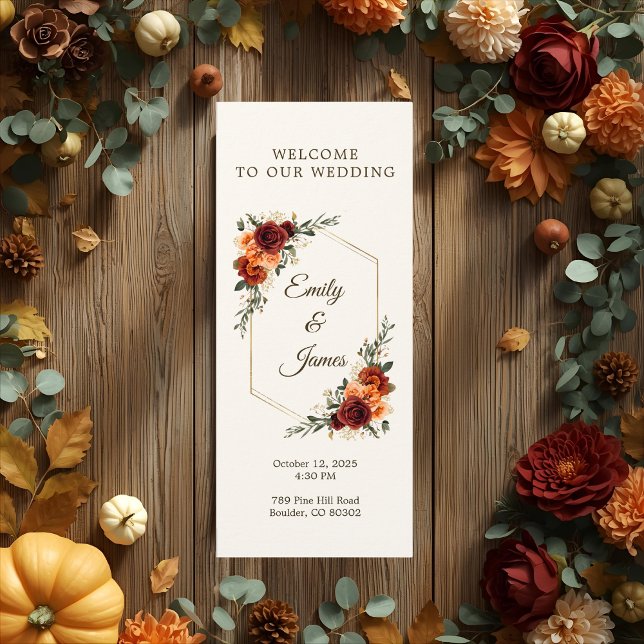 Rustic Fall Wedding Program Flyer | Burgundy Roses (Creator Uploaded)