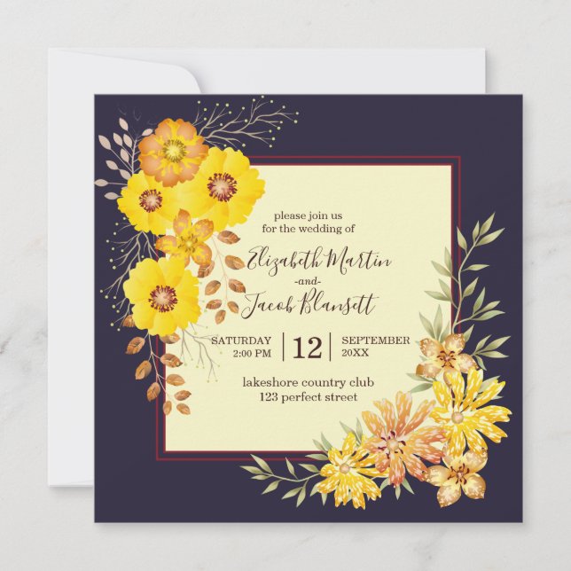 Rustic Fall Wedding Yellow Wild Roses, union blue Invitation (Front)