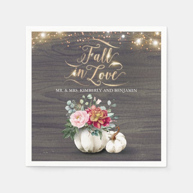 Rustic Fall White Floral Pumpkin Wedding Napkins (Front)