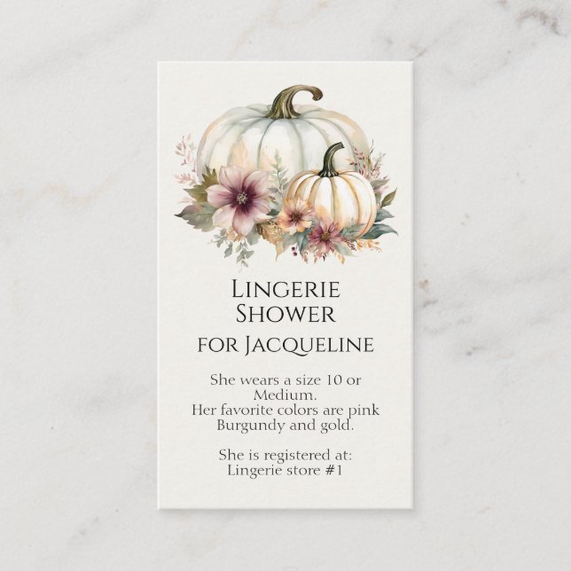 Rustic Fall White Pumpkin Floral Lingerie Shower Business Card (Front)