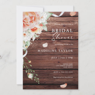 Rustic Fall Wood & Peach Floral Bridal Shower Invitation