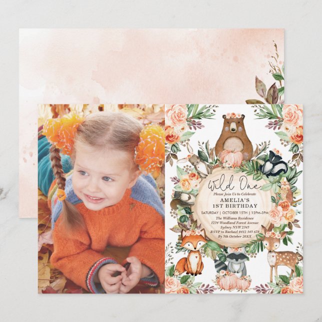 Rustic Fall Woodland Floral Wild One 1st Birthday Invitation (Front/Back)