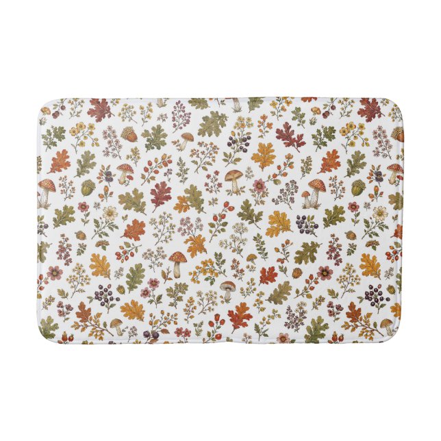 Rustic Fall Woodland Leaves Mushroom Pattern Bath Mat (Front)