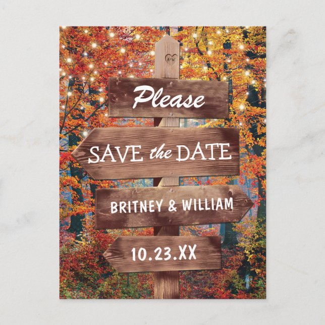Rustic Fall Woodland Wedding Save the Date Announcement Postcard (Front)