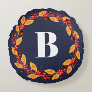 Rustic Fall Wreath & Navy   Personalised Round Cushion