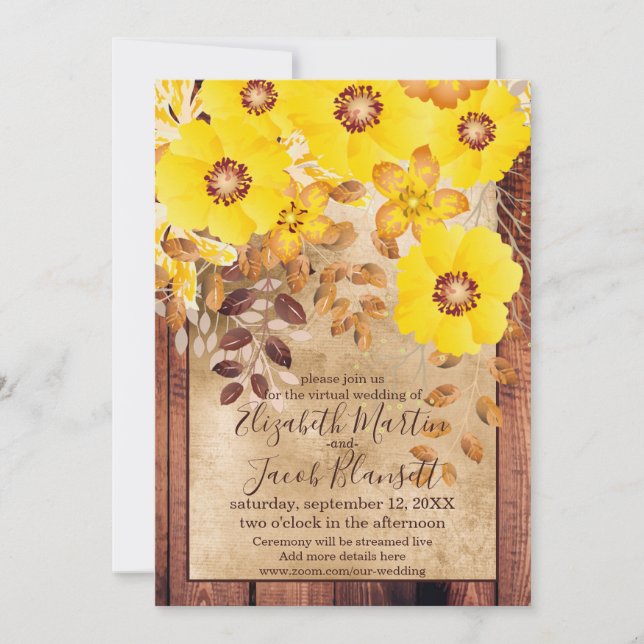 Rustic Fall Yellow Wild Roses Virtual Wedding Invitation (Front)