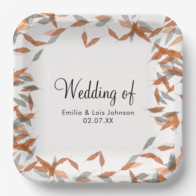 Rustic Falling Leaf Pampas Floating Wedding Paper Plate (Front)