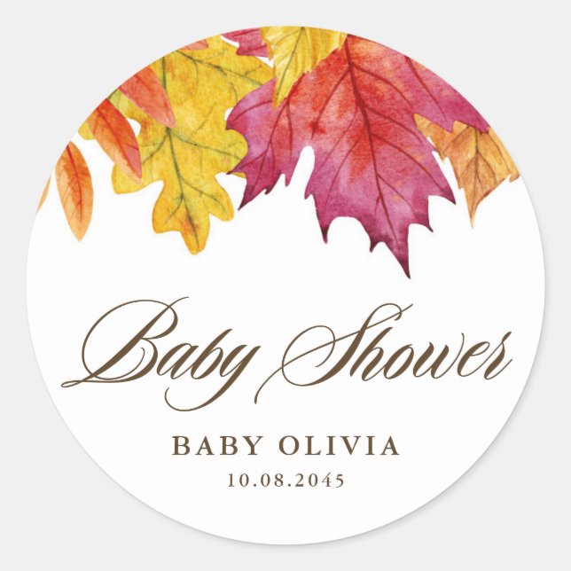 Rustic Falling Leaves Autumn Baby Shower Classic Round Sticker (Front)