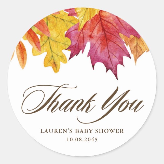 Rustic Falling Leaves Autumn Baby Shower Thank You Classic Round Sticker (Front)