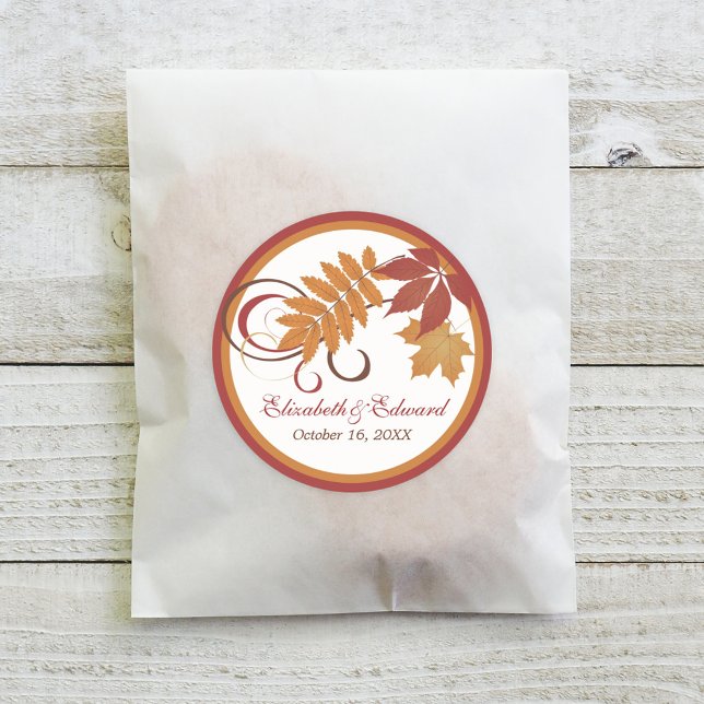Rustic Falling Leaves Autumn Wedding Classic Round Sticker (Creator Uploaded)