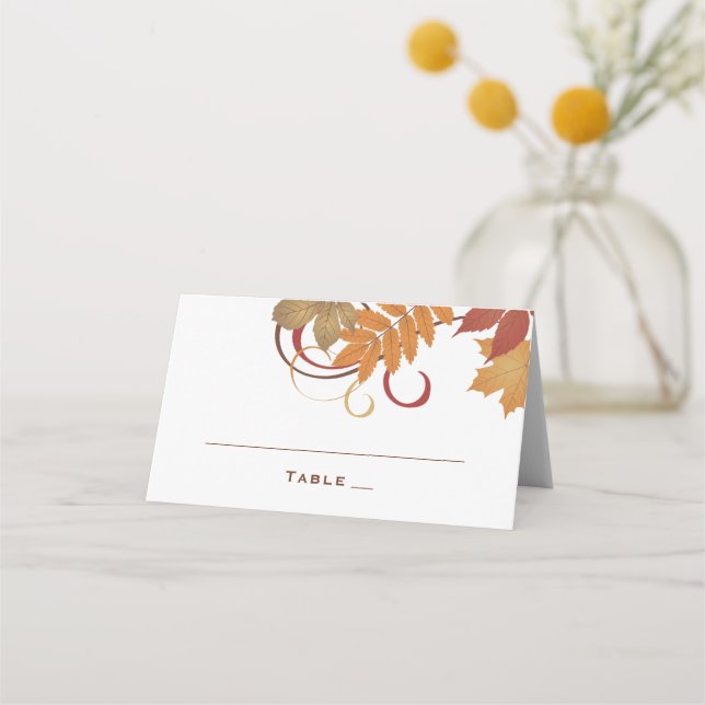 Rustic Falling Leaves Autumn Wedding Place Card (Front)