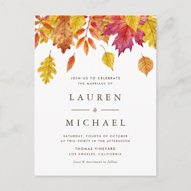 Rustic Falling Leaves Autumn Wedding QR Code Invitation Postcard (Front)
