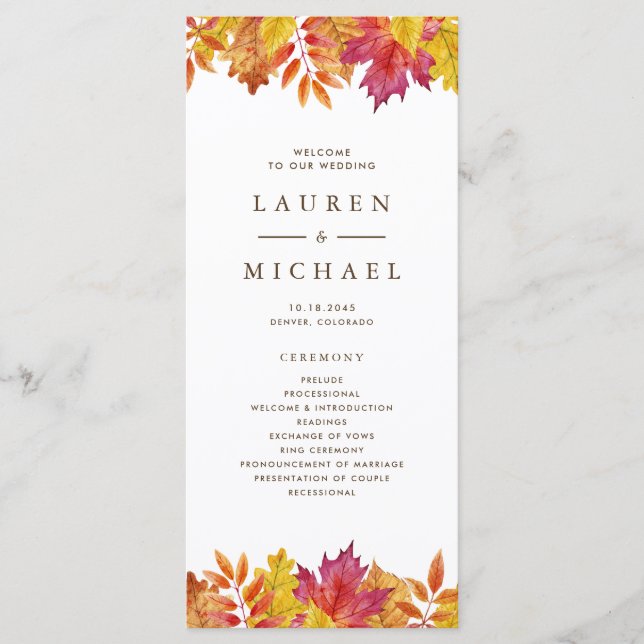 Rustic Falling Leaves Garland Autumn Wedding Programme (Front)