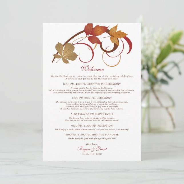 Rustic Falling Leaves Wedding Welcome Card (Standing Front)