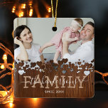 Rustic Family 2 Photo Christmas Ceramic Ornament<br><div class="desc">Personalized rustic family christmas ornament for the home featuring a precious family photo,  a dark wooden heart design,  the word "FAMILY",  your name in an elegant script font,  and the date.</div>