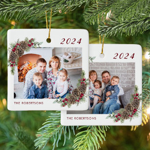 Rustic Family 2 Photo Christmas Ceramic Ornament