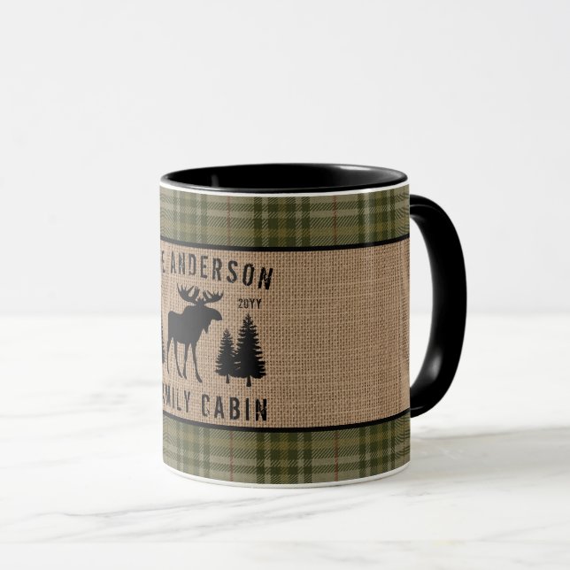 Rustic Family Cabin Moose Pine Green Plaid 2 Tone Mug (Front Right)