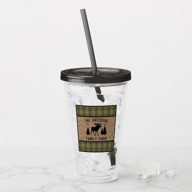 Rustic Family Cabin Moose Pine Green Plaid Burlap Acrylic Tumbler (Front Ice)