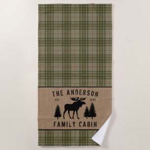 Rustic Family Cabin Moose Pine Green Plaid Burlap Beach Towel