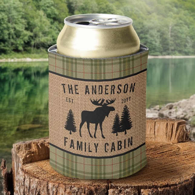 Rustic Family Cabin Moose Pine Green Plaid Burlap Can Cooler (No burlap was harmed in the making of this product :-))