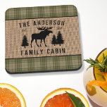 Rustic Family Cabin Moose Pine Green Plaid Burlap Coaster<br><div class="desc">Beautiful, rustic themed cork back coasters, featuring your family name and cabin, lodge, cottage or other desired text and its established date. This unique, custom design features a silhouette of a bull moose and pine trees on a burlap style print, accented with beautiful French country plaid in soft shades of...</div>