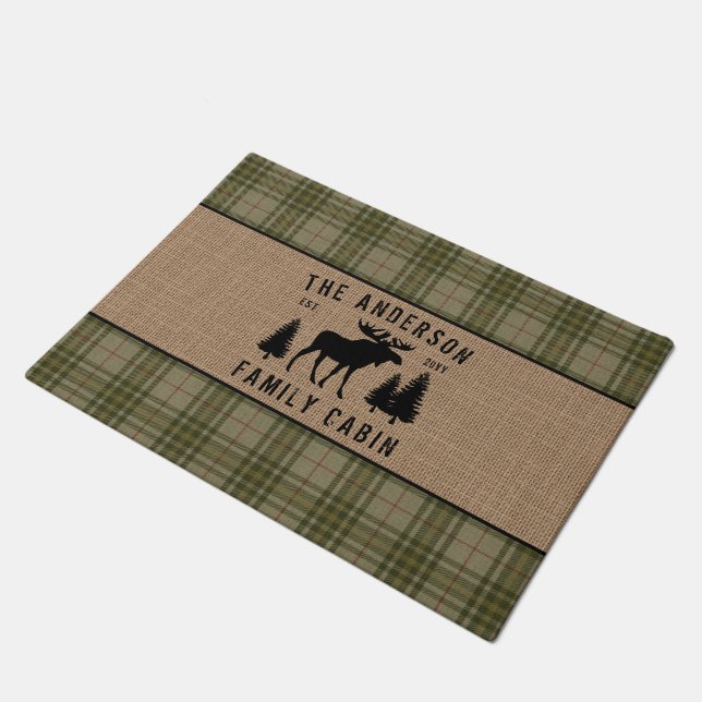 Rustic Family Cabin Moose Pine Green Plaid Burlap Doormat (Angled)