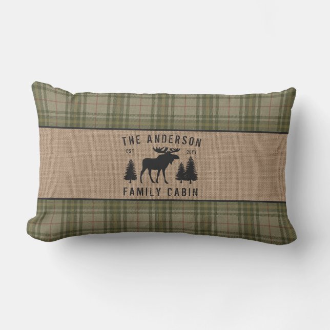 Rustic Family Cabin Moose Pine Green Plaid Burlap Lumbar Cushion (Front)