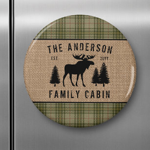 Rustic Family Cabin Moose Pine Green Plaid Burlap Magnet