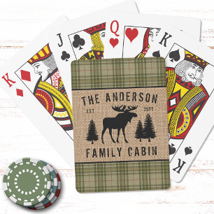 Rustic Family Cabin Moose Pine Green Plaid Burlap Playing Cards