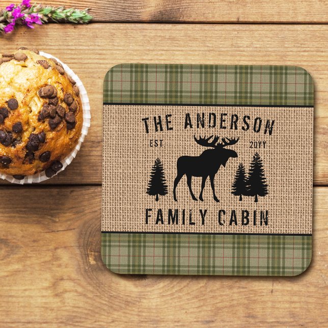 Rustic Family Cabin Moose Pine Green Plaid Burlap Square Paper Coaster (Creator Uploaded)